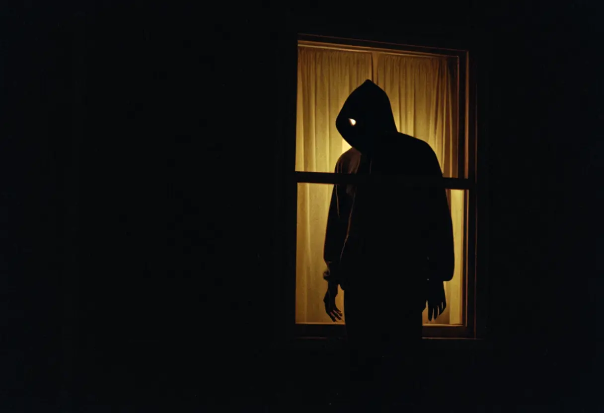 1970年代の暗いカリフォルニアの住宅街、顔のない侵入者が窓から覗き込んでいるシルエット
