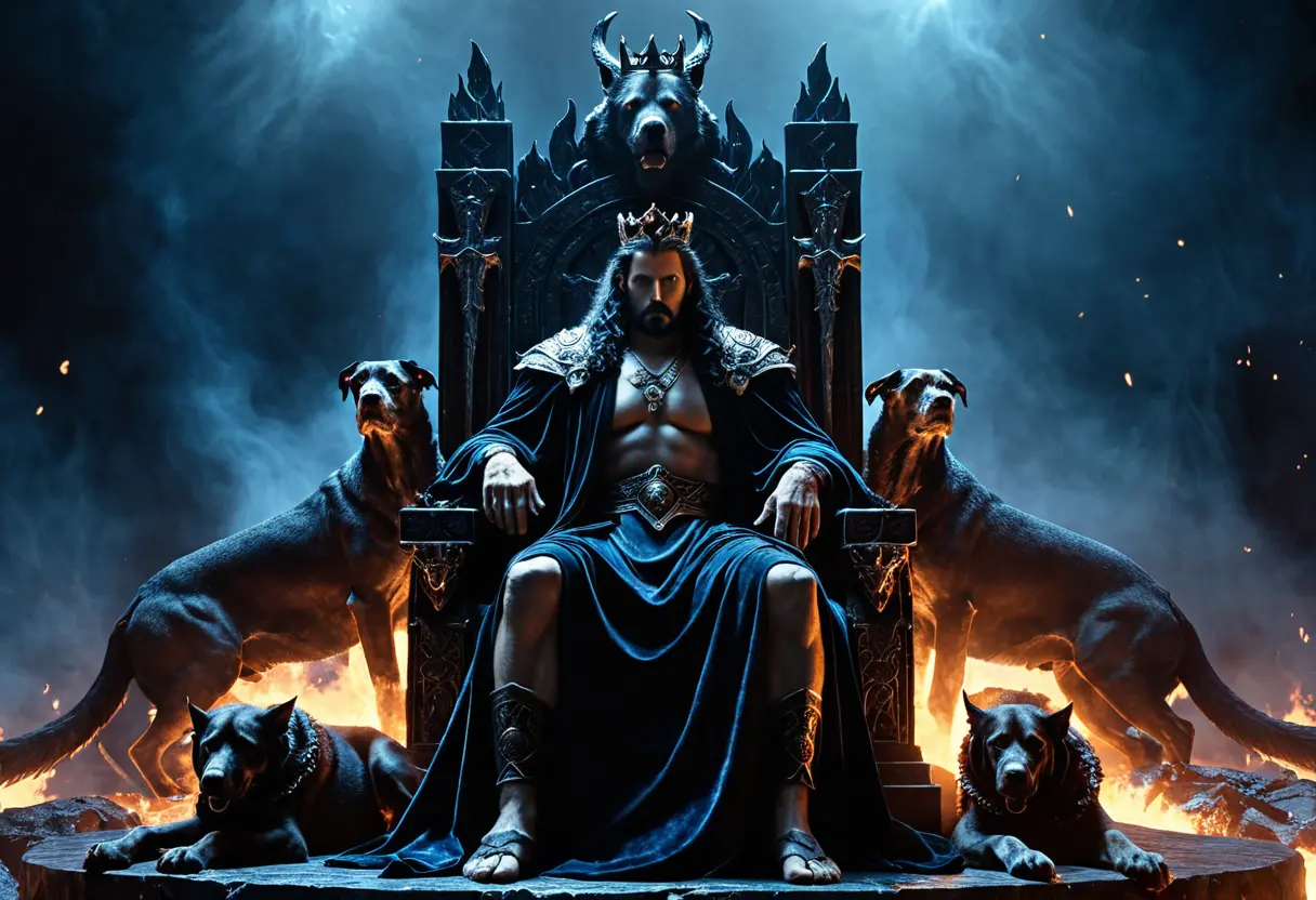 黒い大理石の玉座に座り、バイデント（二叉の槍）を手に持つ冷徹な眼差しの王ハデス。傍らには巨大な三つ首の猟犬ケルベロスが控え、足元には青い炎が揺らめいている