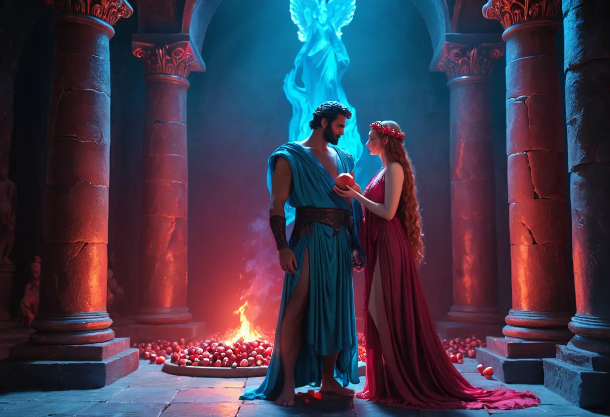 冥界の入り口で、ハデスに寄り添うペルセポネ。ハデスの足元には氷のような冷たい霧が、ペルセポネの足元には一輪の赤い花が咲いている