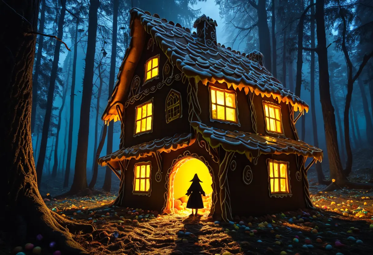 夜の深い森の奥に佇む、不気味なお菓子の家。