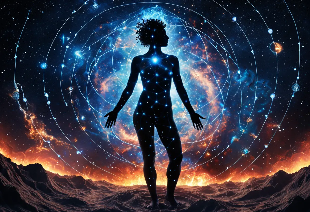 人間のシルエットの中に宇宙（星雲や銀河）が映し出され、その周囲を錬金術の四元素の記号が取り囲んでいる、マクロとミクロの合一を表現したアート。