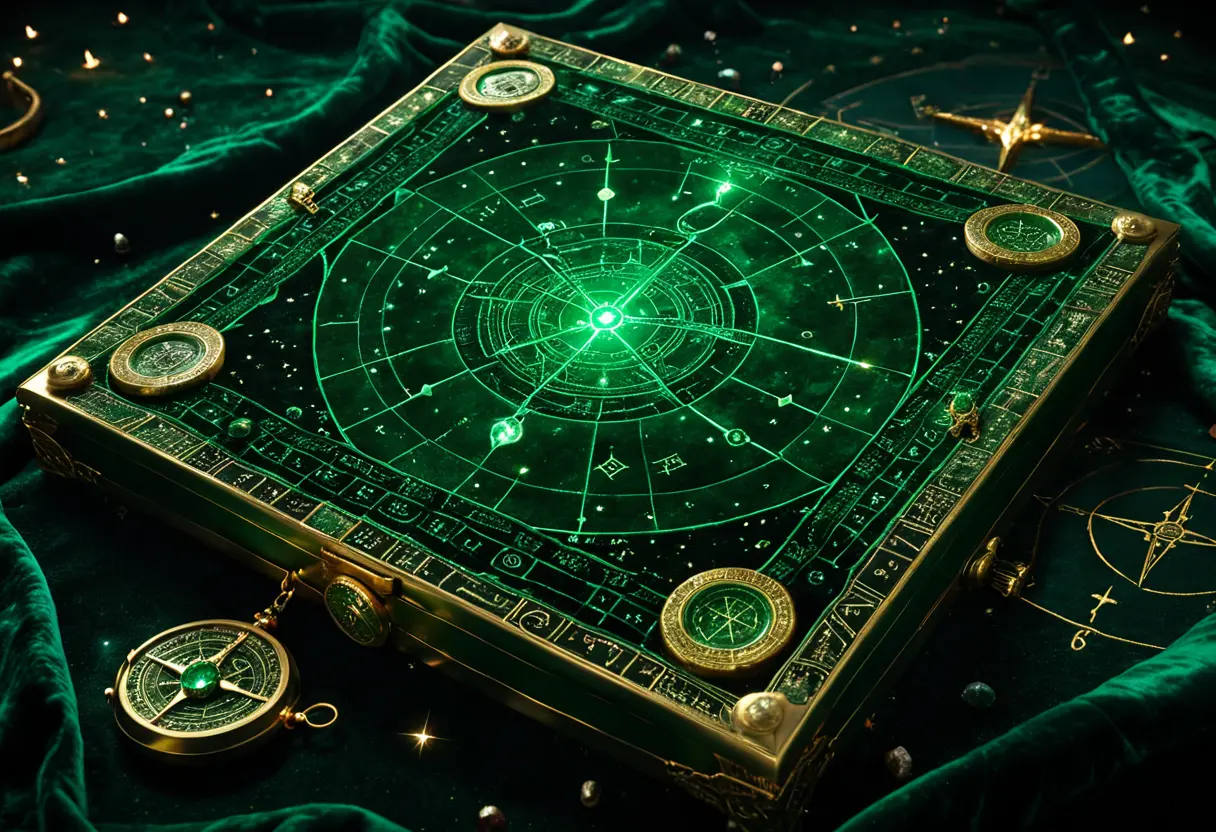 深い緑色に輝くエメラルドの板に、ラテン語と精緻な幾何学模様が刻まれており、周囲には星図や錬金術の記号が浮かび上がっているイメージ。