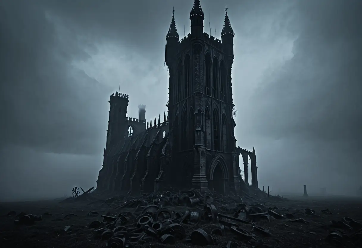 霧の中に消えていく、かつての繁栄を物語る巨大な塔のシルエット。その足元には、壊れた歯車や古文書が散らばっている。