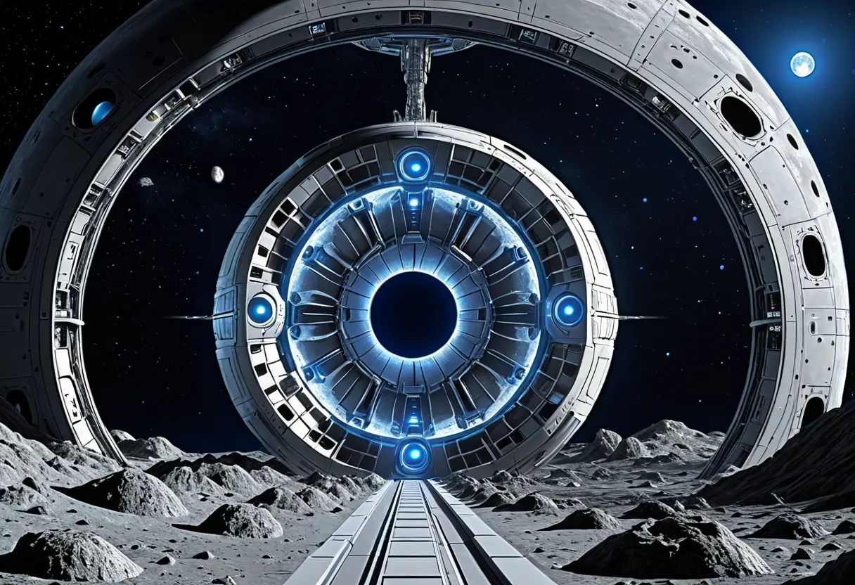 月の一部が断面図のように切り取られ、内部に巨大な金属製の柱や、光り輝く機械的な都市のようなものが広がっている。