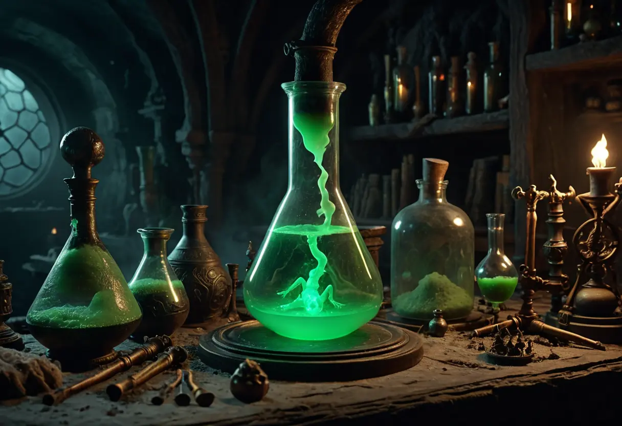 薄暗い研究室で、緑色の液体が入った丸底フラスコの中に浮かぶ、小さな胎児のような人型の影。背景には古い薬品瓶や書物が乱雑に置かれている。