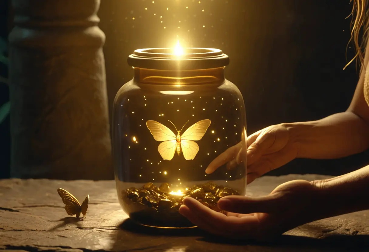 災厄が飛び去った後の空っぽの壺の底で、小さな金色の蝶のような「希望」の光が優しく輝いている。パンドラはその光を慈しむように見つめている