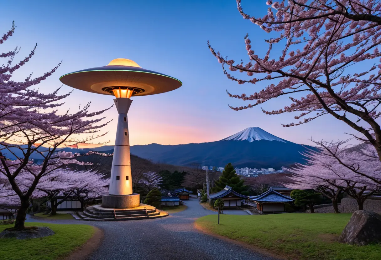 日本の美しい里山。千貫森を背景に、UFOを模したモニュメントや資料館が建っている。