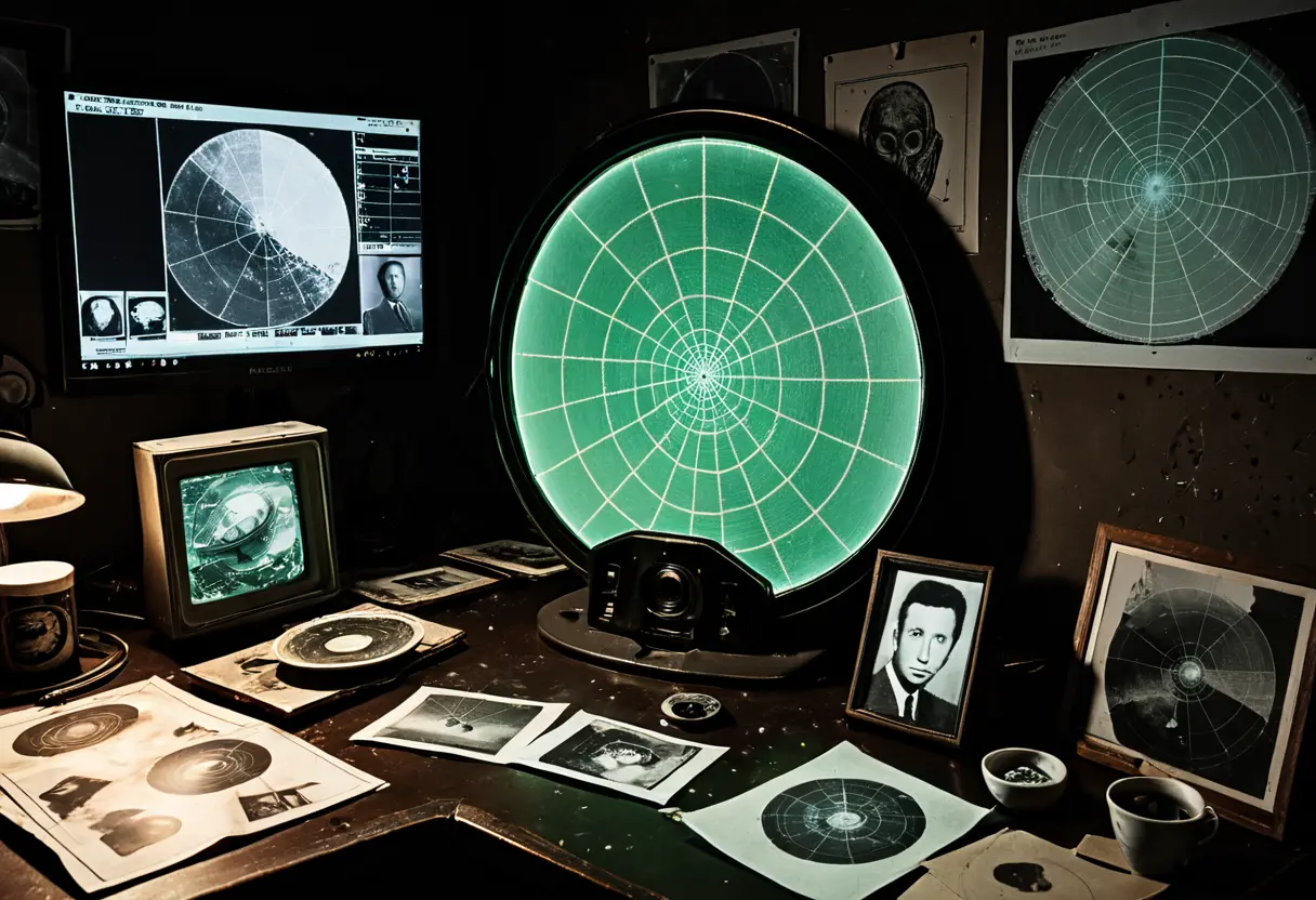 古いレーダー画面に映る複数の輝点。周囲には異なる場所で撮られたUFOの目撃写真が散乱している。