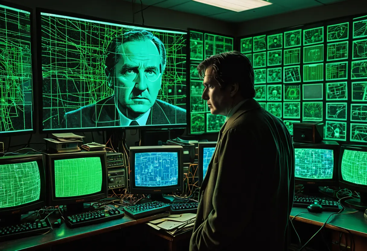 暗い部屋で無数のモニターが光る、ネットミステリーの調査室。