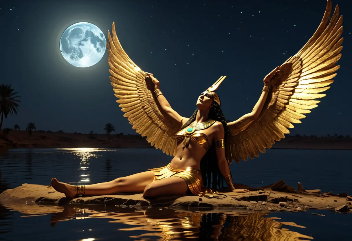 夜のナイル川のほとり、夫オシリスの遺体を抱きかかえて嘆く、金色の翼を持つ女神イシス。月光が二人を照らしている