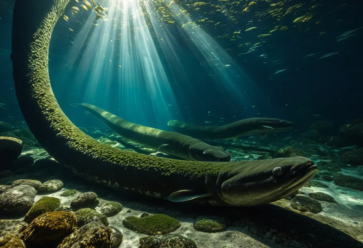 湖の深い底で泳ぐ巨大なオオウナギの姿。