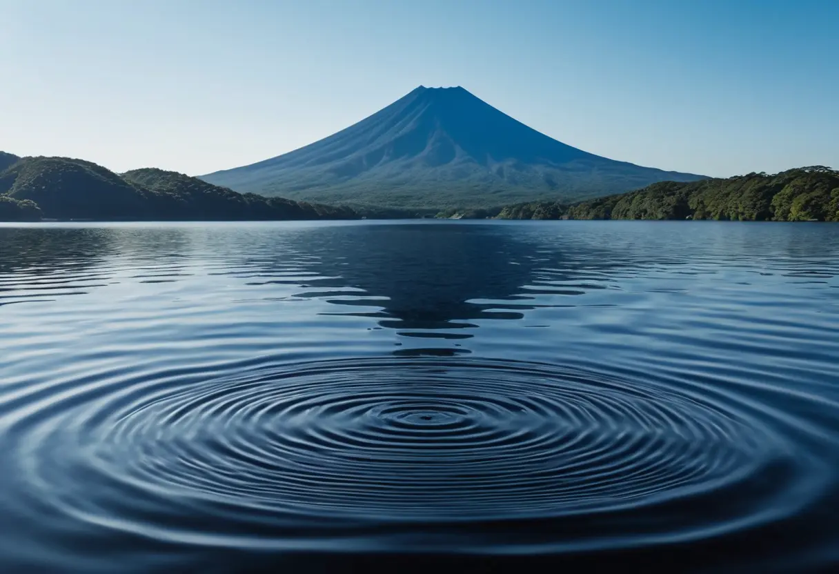 美しい池田湖の湖面と、その背後にそびえる開聞岳。手前の水面には巨大な黒い影と波紋。