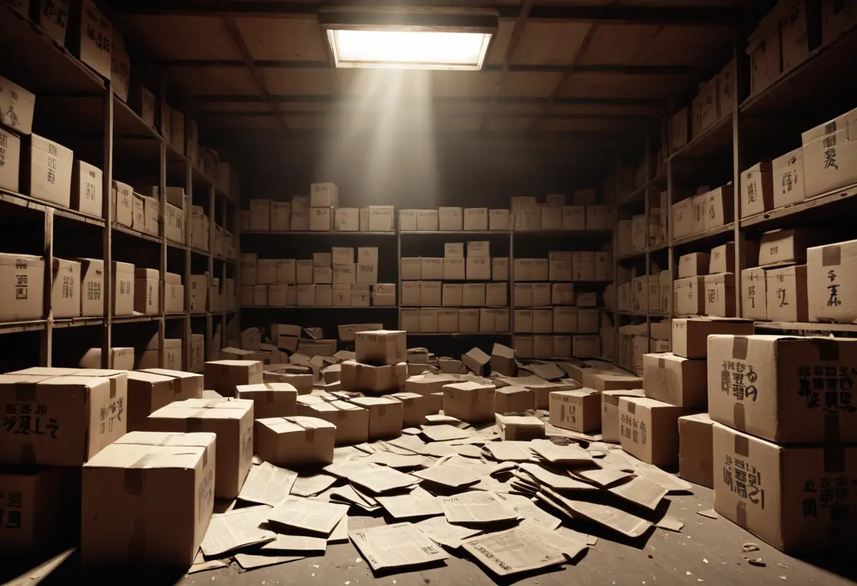 埃をかぶった段ボール箱に詰められた大量の捜査資料と、窓から差し込む夕光に舞う塵