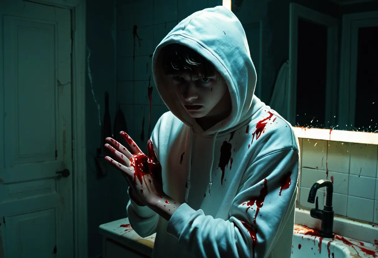 鏡の前でナイフを手に取り、自分の顔を見つめる白いパーカーの少年。背景の影には、彼がこれから手に掛けるであろう誰かの気配が漂っている。