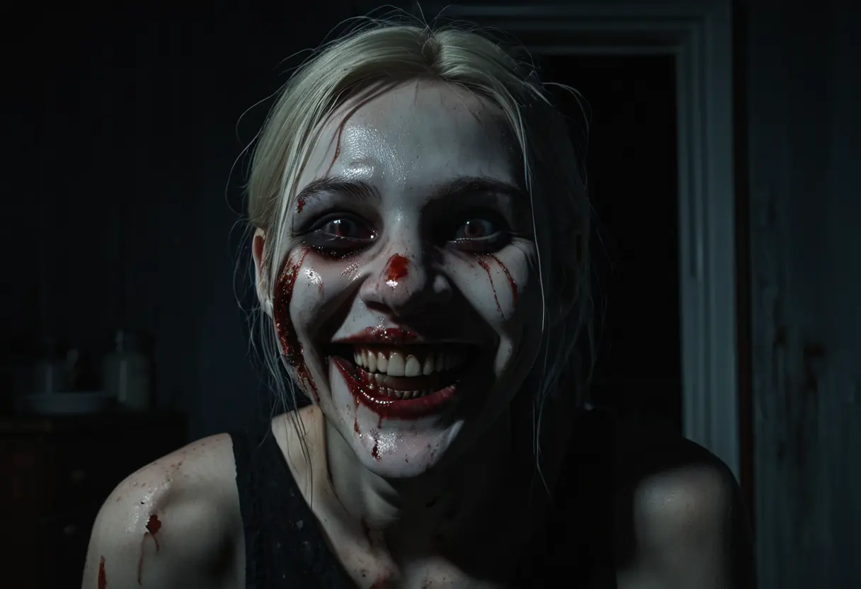 暗い寝室の窓の外に浮かぶ、不自然に白い男の顔。口は耳までナイフで切り裂かれており、目はまぶたがないため大きく見開かれている。不気味な笑みを浮かべてこちらを覗き込んでいる。