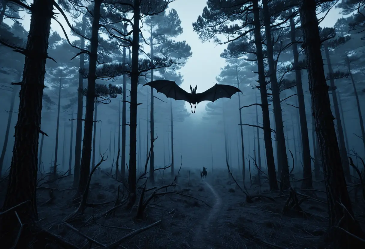 夜のパインバレンズの森。松の木々の間を飛ぶ、馬の頭とコウモリの翼を持つ奇妙な生物。