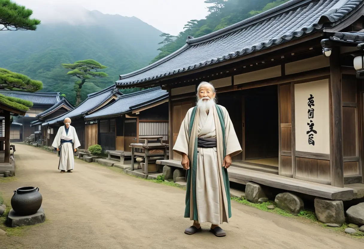 日本の古い村で、和服を着たキリストが人々の中で温かく迎えられている、どこか懐かしくも異様な光景。