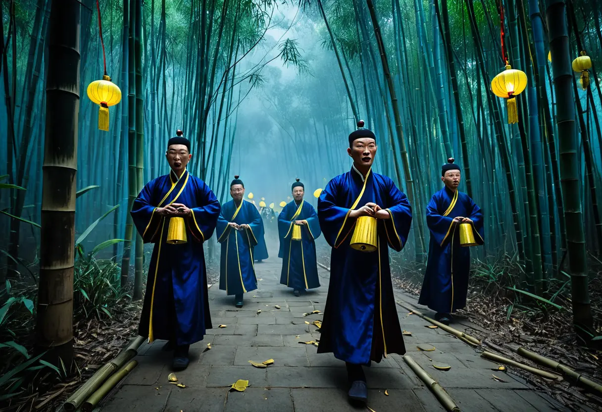 霧の深い竹林を跳ねるキョンシーの一団。