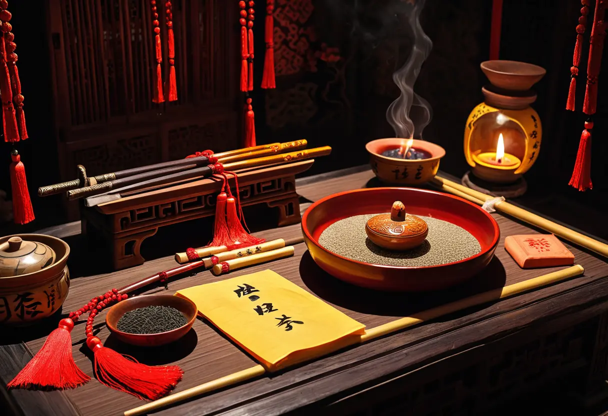 祭壇の上に置かれた桃木の剣とお札。