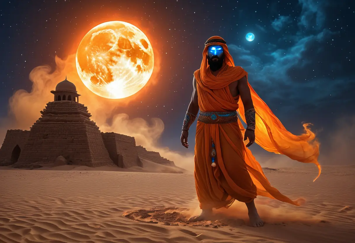 夜の砂漠。砂嵐の中から立ち上がる、青白い炎のような巨像。