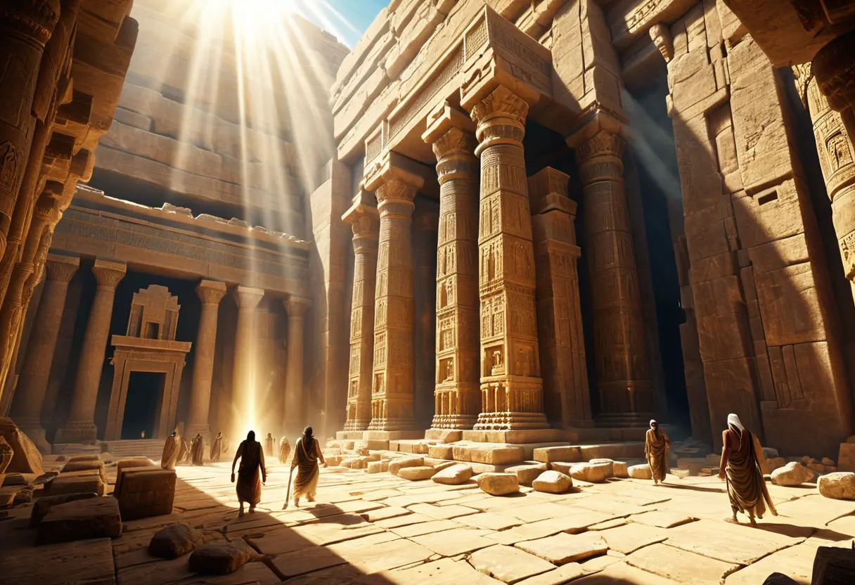 建設中の巨大神殿で、人間と共に働くジンの巨像。