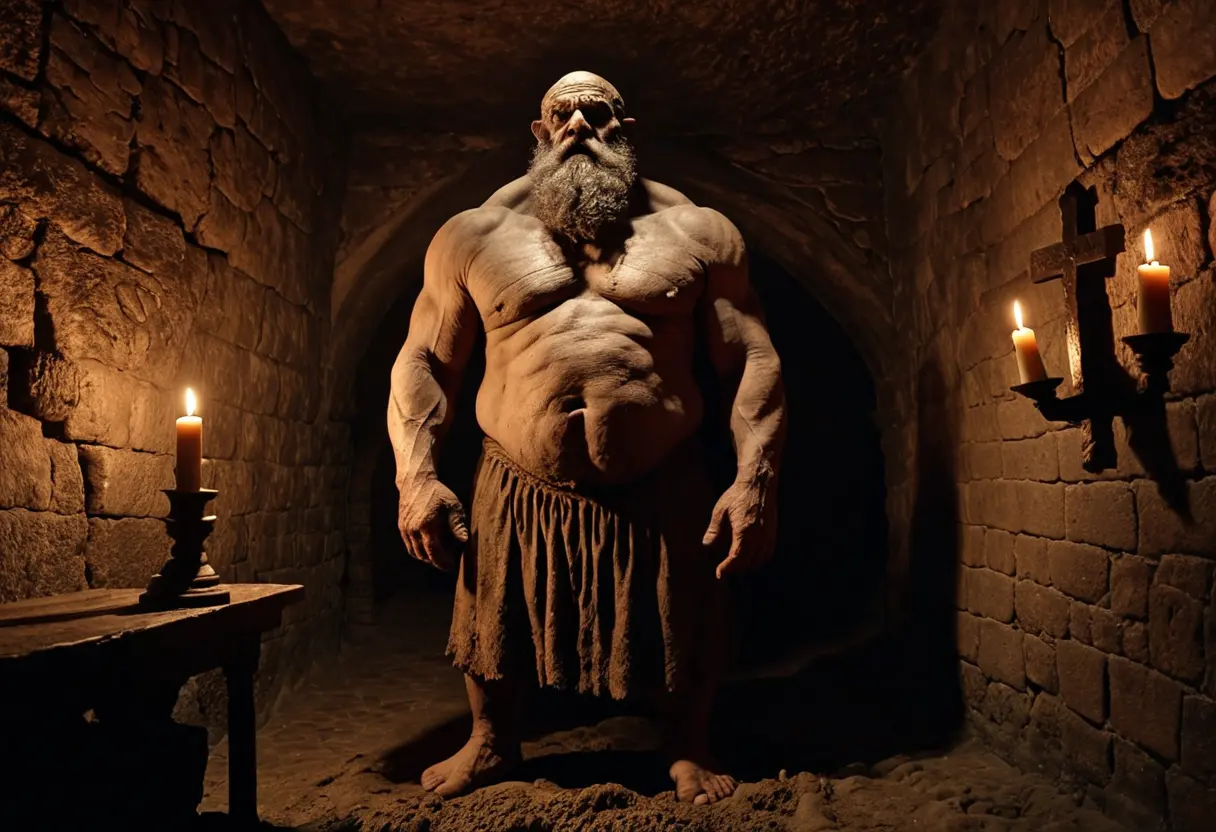 薄暗いユダヤ教のシナゴーグの地下で、巨大な泥の巨像の額に、光り輝く文字が刻まれている不気味で厳かな場面。