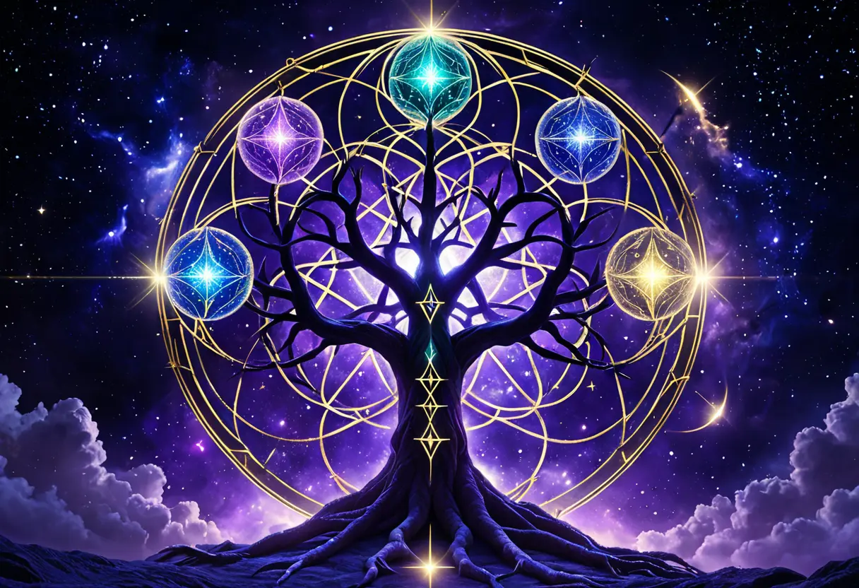 深い宇宙の星雲を背景に、10個の光り輝く宝珠が複雑な線で結ばれ、幾何学的な「生命の樹」を形作っている幻想的なイラスト。