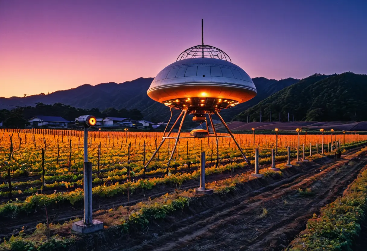 夕暮れの葡萄畑。枯れた蔓が絡まる支柱の間に、鈍い銀色に光るドーム型のUFOが着陸している。