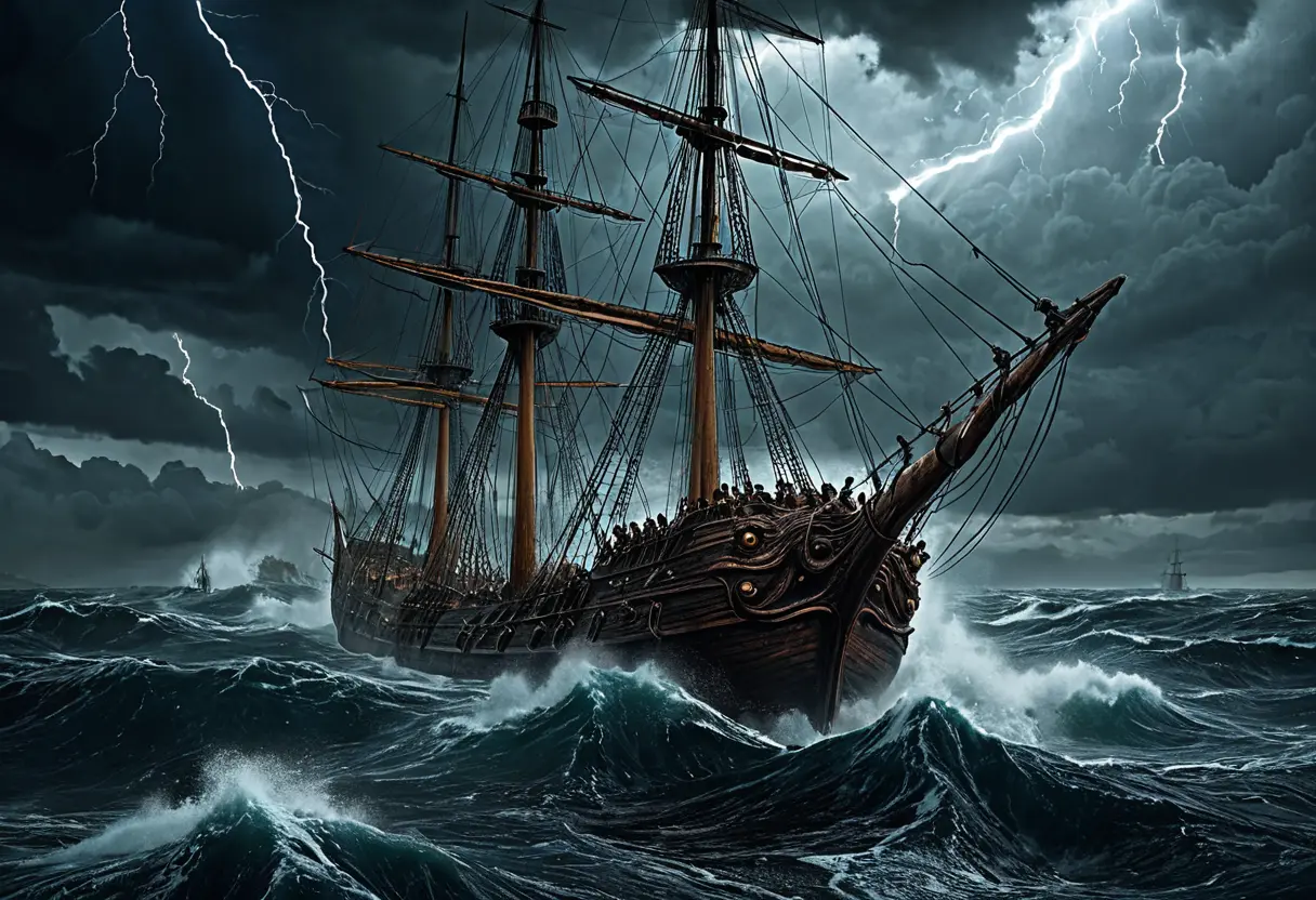 嵐の海で帆船を襲う巨大な触手。