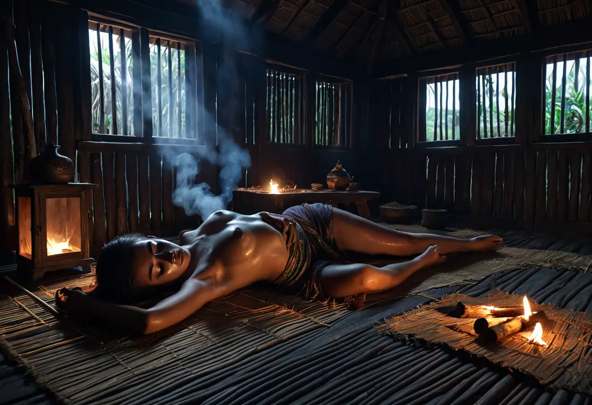 首のない女性の身体が置かれた暗い部屋。