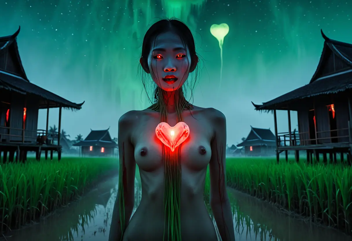 タイの農村の夜空に浮かぶ、内臓を垂らした女性の生首。