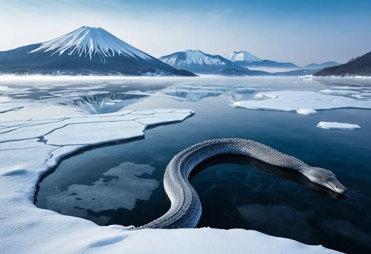 冬の屈斜路湖。氷の張った湖面から巨大な首が覗いている。