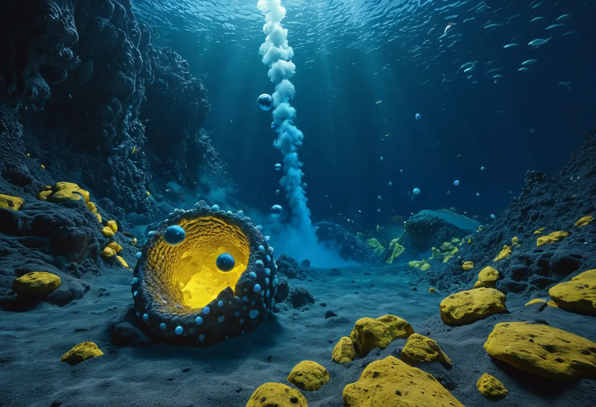 湖底の火山熱のそばで眠る巨大生物。