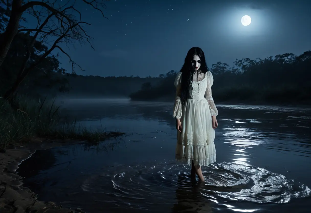 霧の深い夜の川岸。白いドレスを着た女性が立っている。