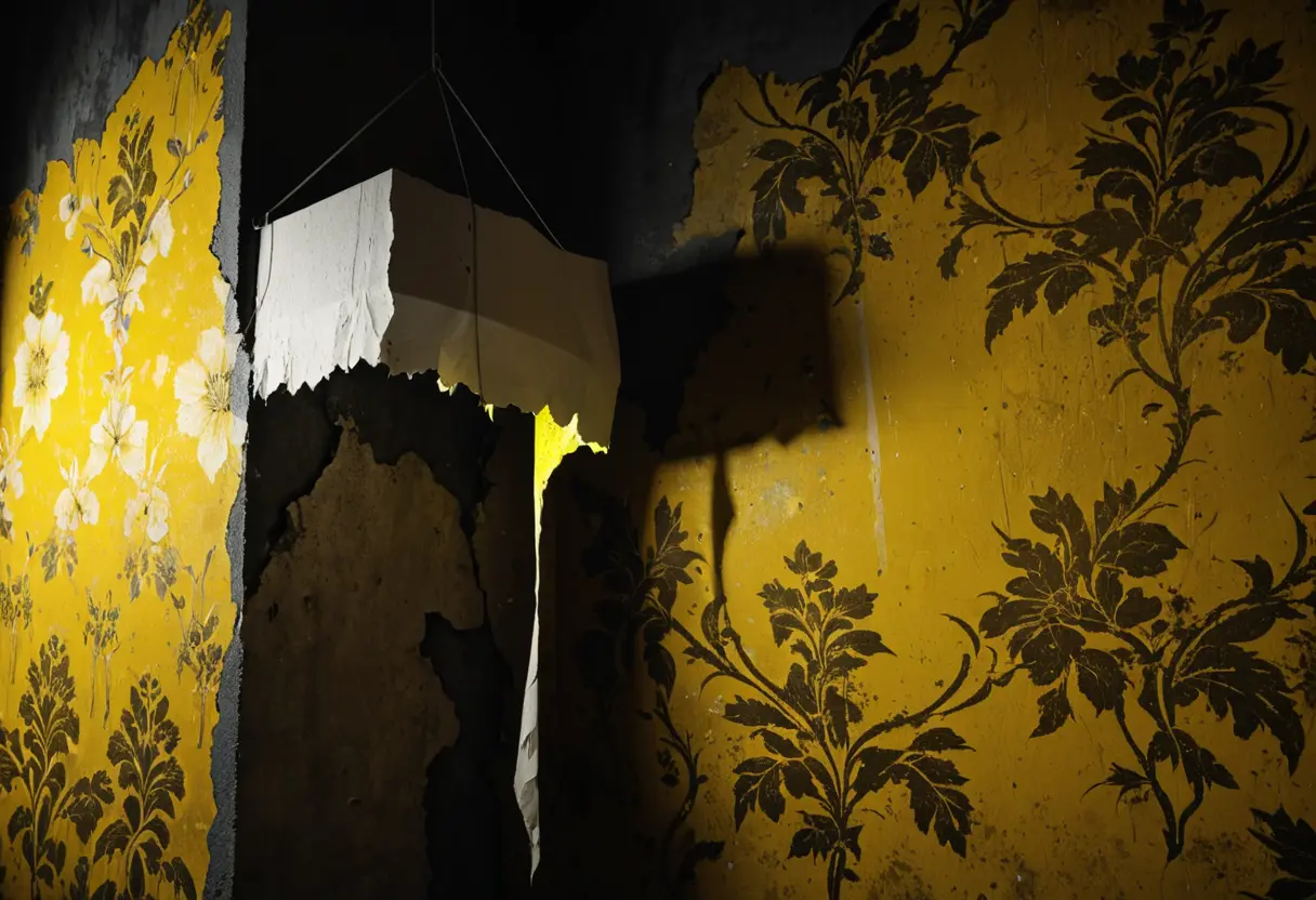 剥がれかけた壁紙と、その奥にある暗闇。