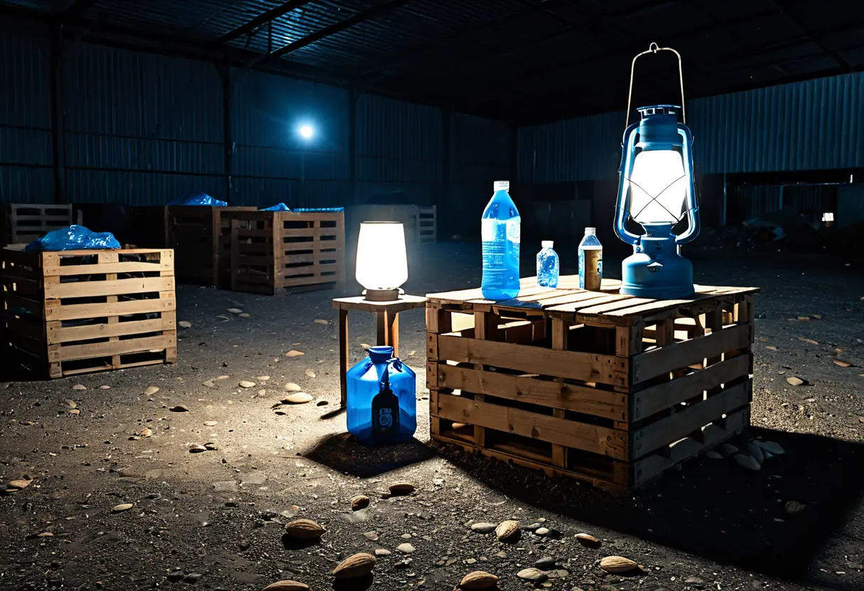 コンクリートの更地に作られた、生存者たちの質素なキャンプ。