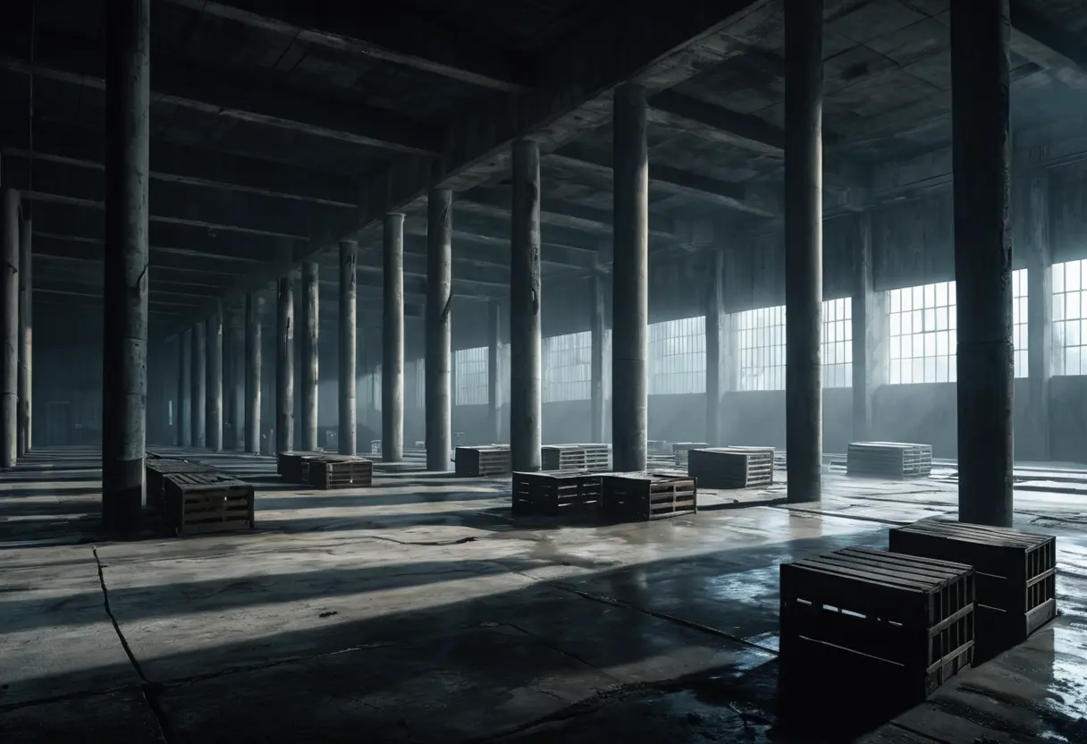 霧が立ち込める巨大な地下倉庫。点滅する蛍光灯がコンクリートの柱を照らしている。