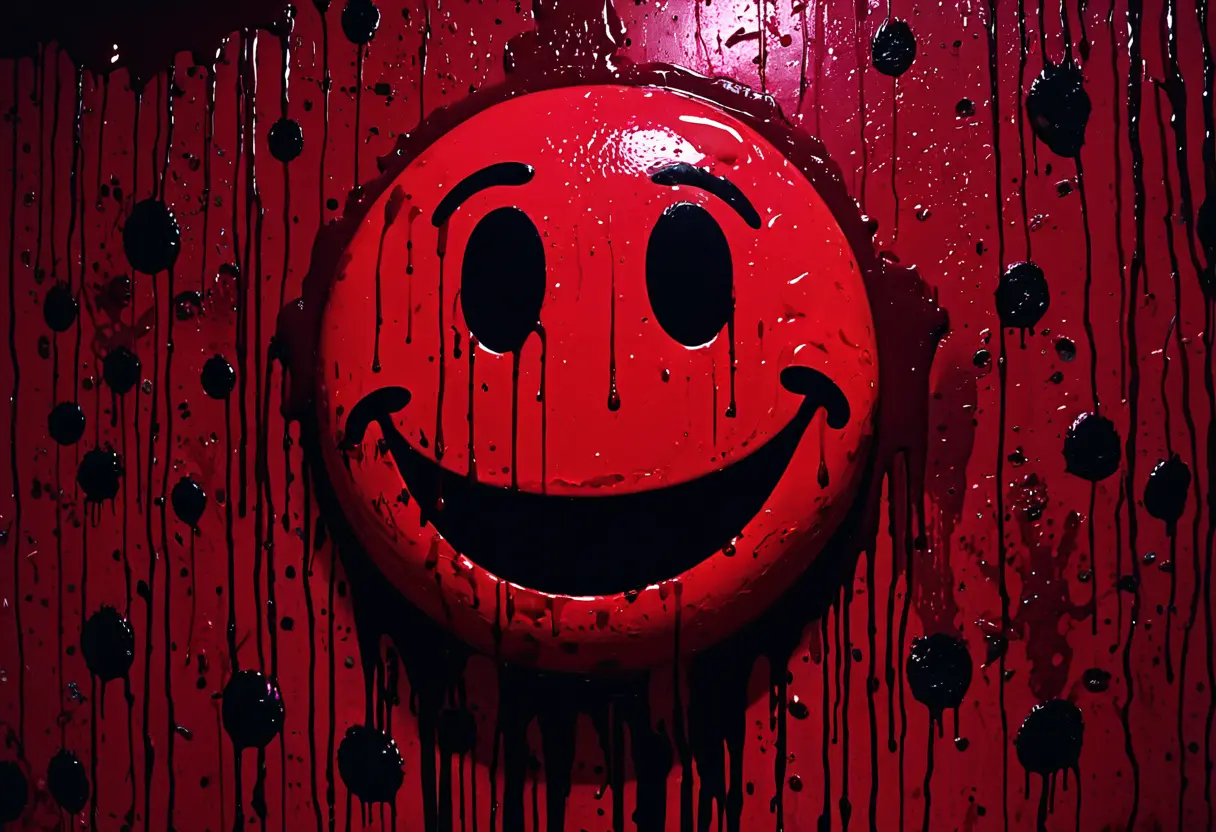 壁に描かれた赤いスマイリーフェイス。