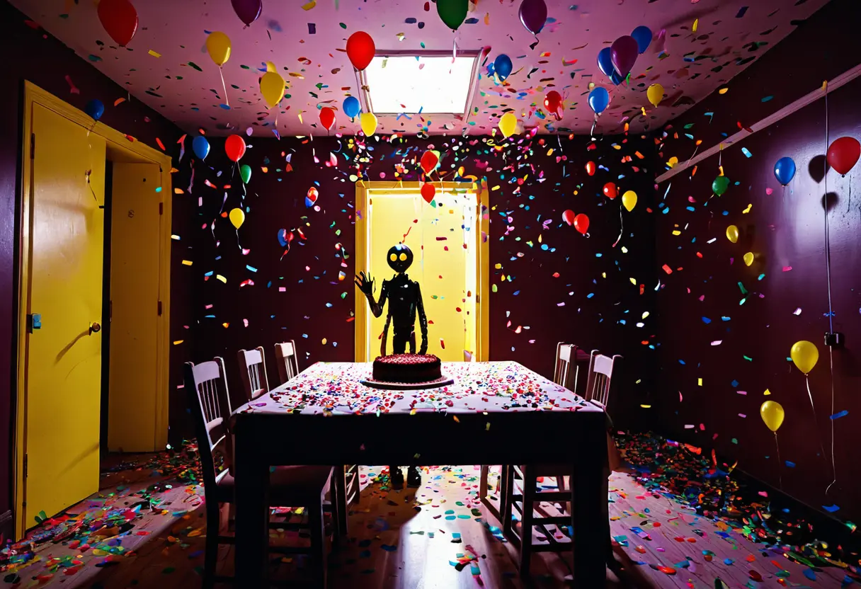 子供用のパーティー会場。壁の影から黄色い手が覗いている。