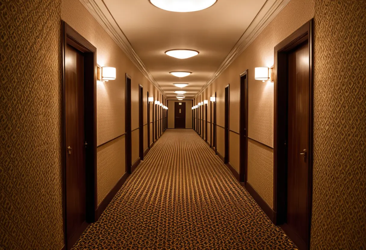 どこまでも続くホテルの廊下。パターン模様のカーペット。