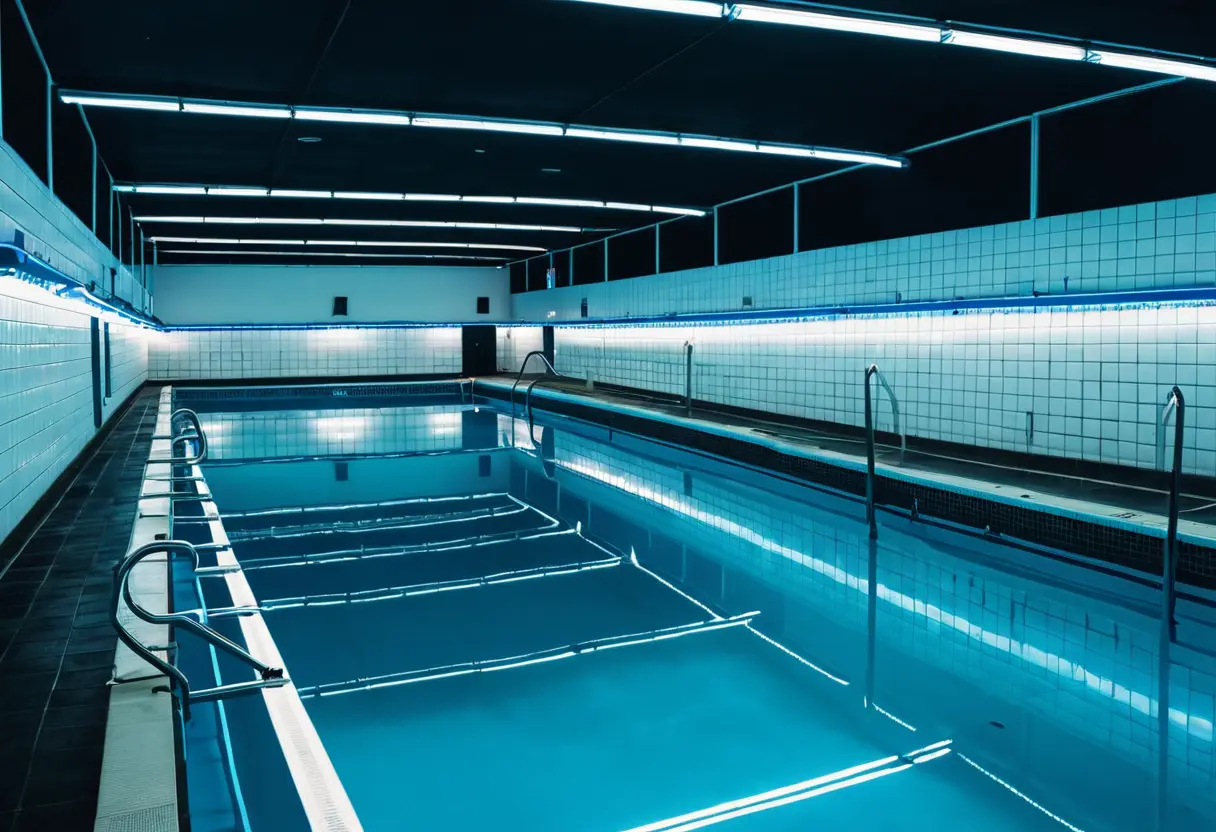 夜の無人の屋内プール。青い水面。