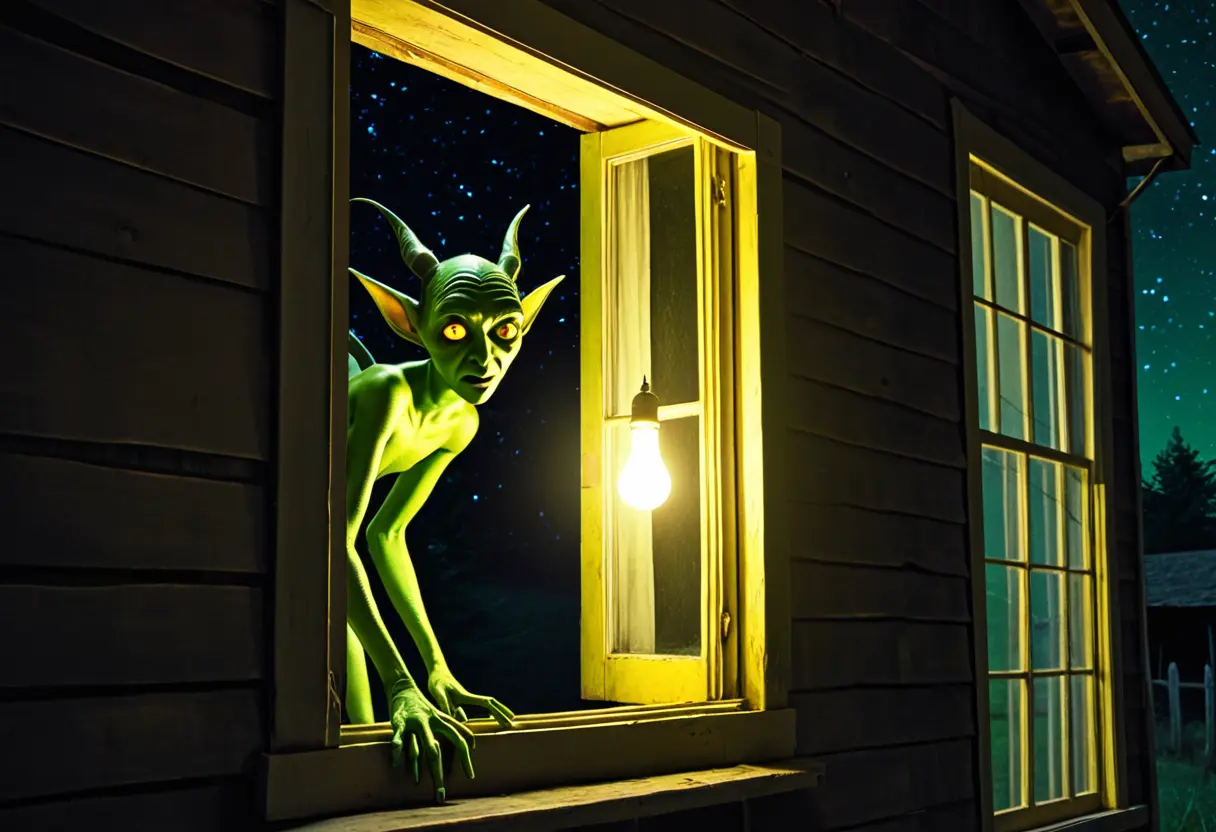 夜の農家の庭。古い木造の家の影から、大きな耳と鋭い爪を持つ小さな緑色の人影が、不気味にこちらを覗いている。