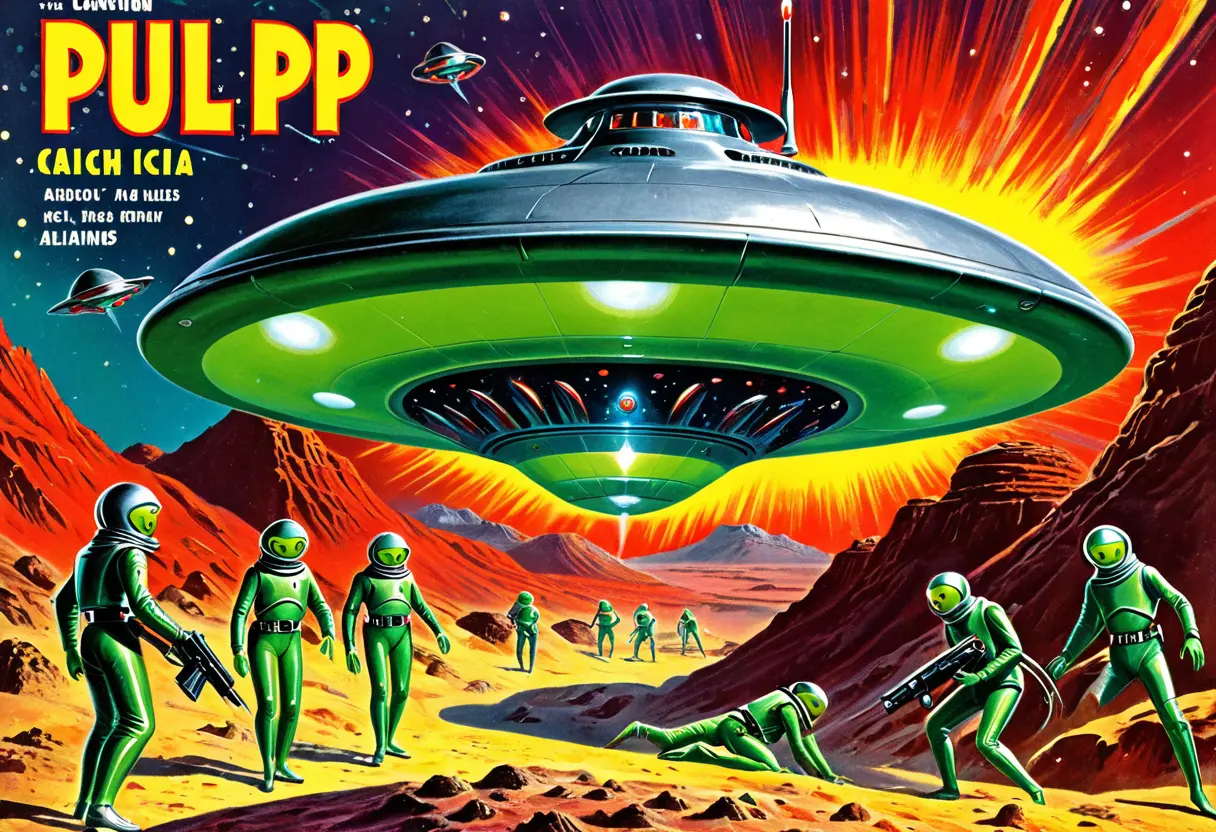 1950年代のSF雑誌の表紙のようなイラスト。ドーム型の宇宙船から緑色の宇宙人が降りてくる。