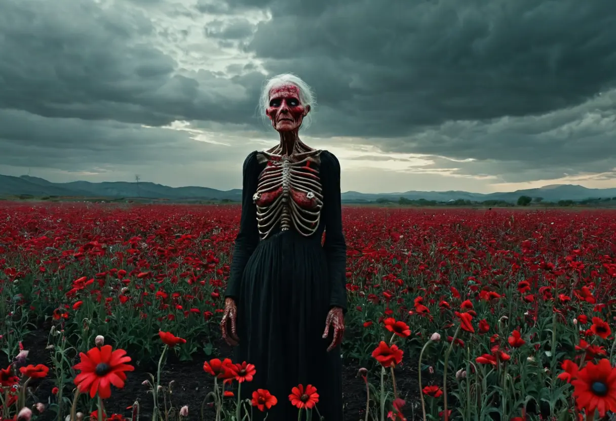 美しい花畑の中央に佇むローブ。周囲の花々は枯れ果て、デジタル的なグリッチが発生している。