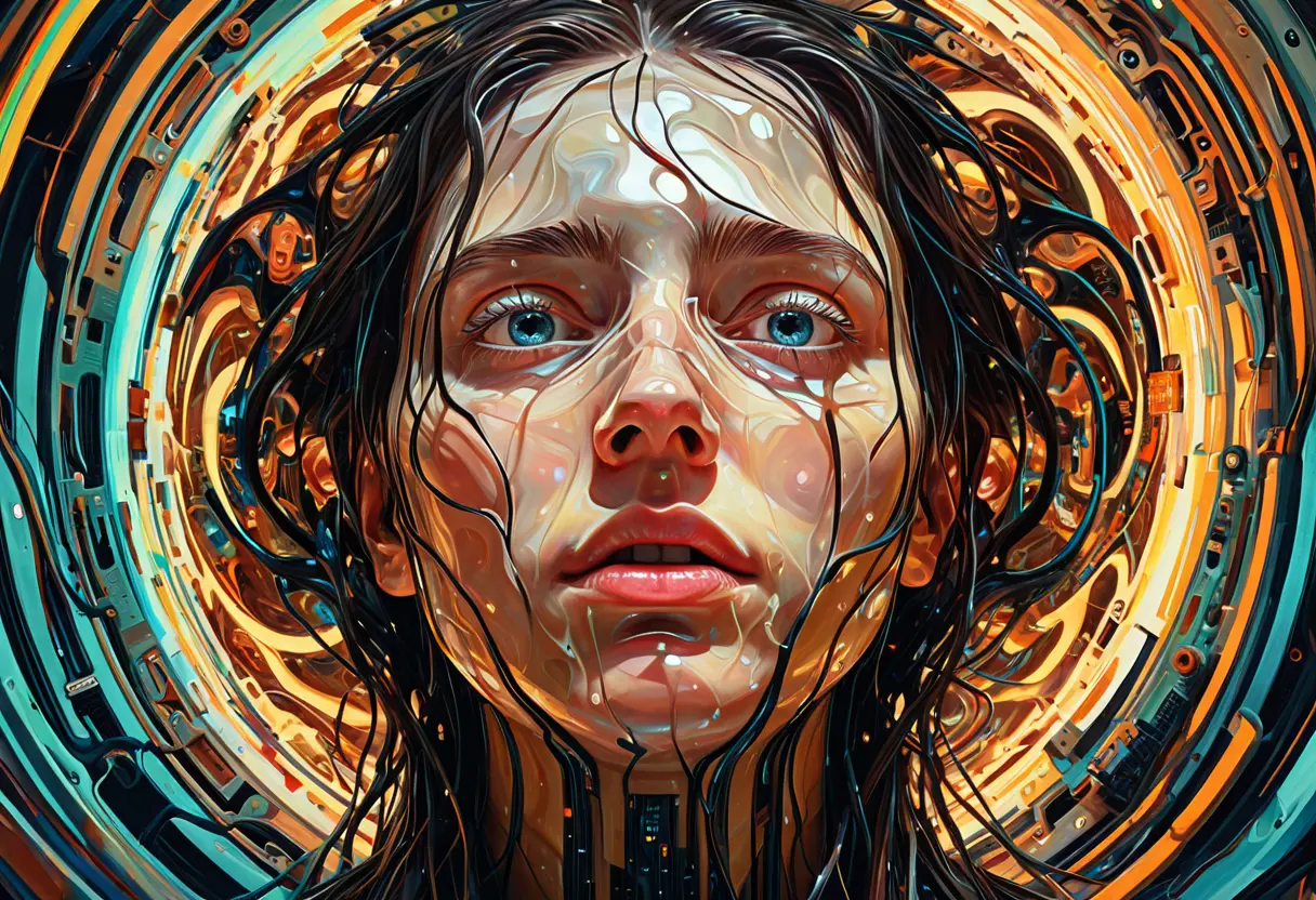 幾重にも重なるノイズの中から浮かび上がるローブの顔。AIの潜在意識を象徴する抽象的な肖像画。