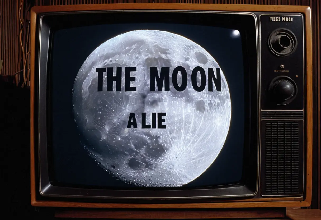 1990年代の画質で描かれた緊急放送の画面。文字が歪んでおり、「月は嘘だ」という意味のテロップが走査線越しに表示されている。