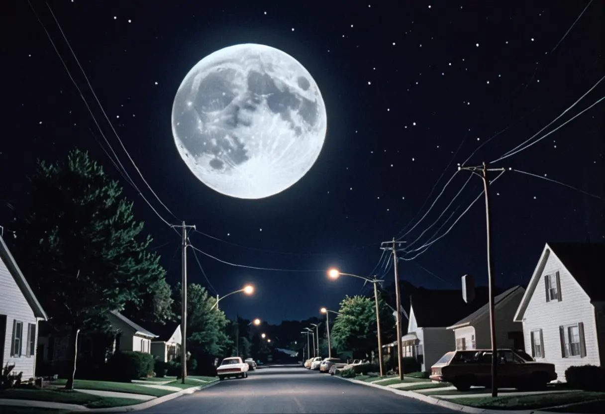 夜空に浮かぶ巨大な月。しかし、その表面はクレーターではなく、苦悶に満ちた人間の顔のような模様が蠢いており、下には静まり返ったアメリカの住宅街が見える。