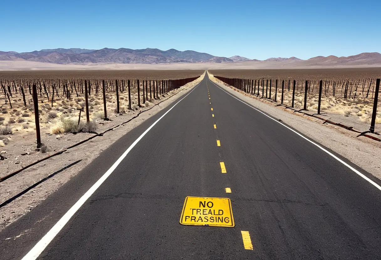 ネバダ州の荒涼とした道路。遠くに揺らめく陽炎と、立ち入りを禁じる軍の看板が並んでいる。