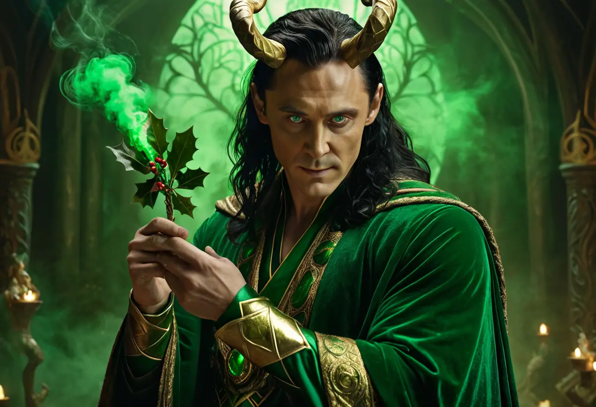 影を帯びた不敵な笑みを浮かべる男ロキ。緑色と黄金の装束を纏い、背後には彼が化けた様々な姿（鮭、蝿、馬など）の残像が揺らめいている