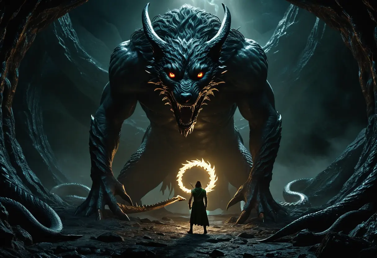 暗い洞窟の中で、幼いフェンリルやヨルムンガンドを慈しむように見守るロキ。その姿は父としての愛情よりも、冷酷な期待に満ちている